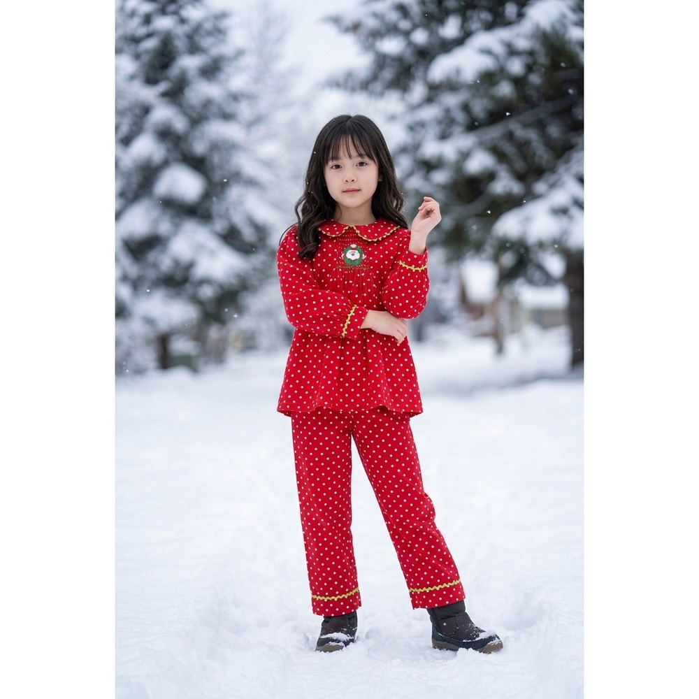 Mom & Me Girls Red Polka Dot Smocked Santa Christmas Pajamas Set Size 5